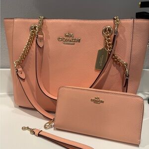 NWT Authentic Coach Peach Large Tote Bag and Wallet Set